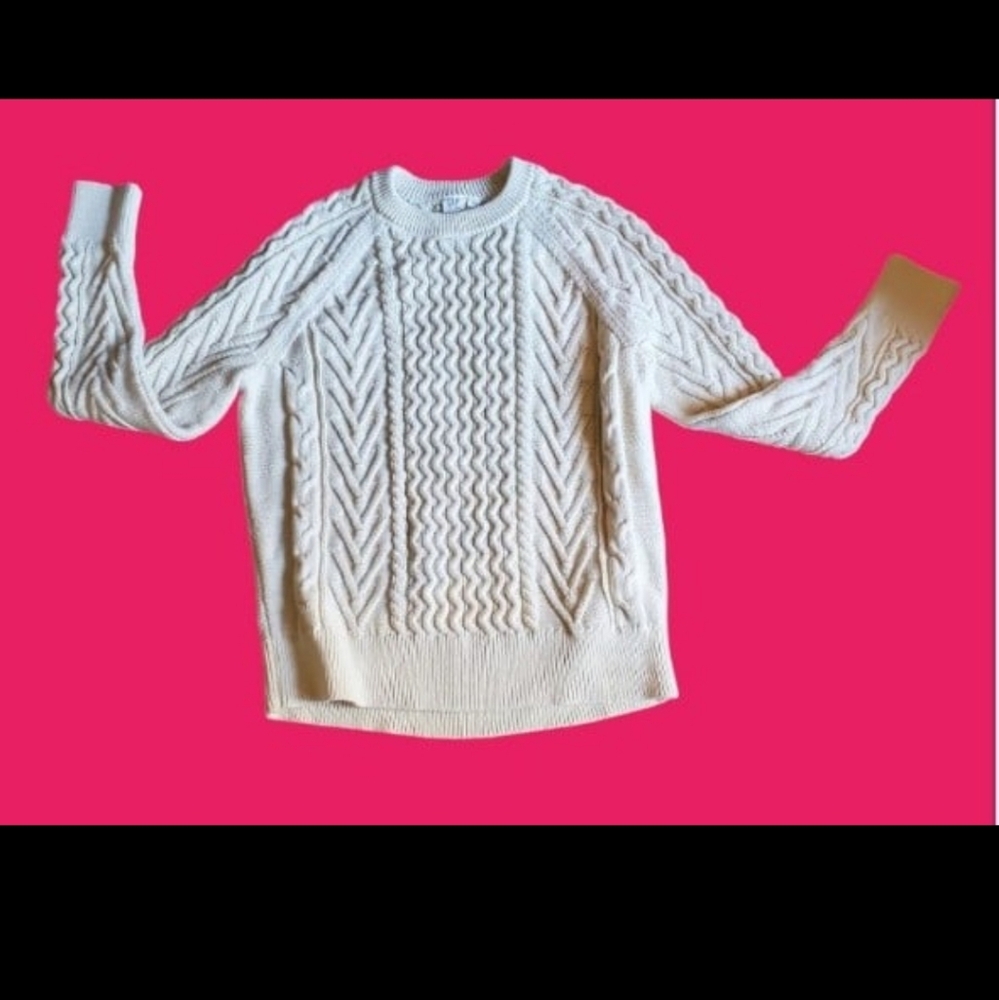 Gap Women Crew Neck Sweater Off White Cable Pattern Elegant 100% Cotton Size L